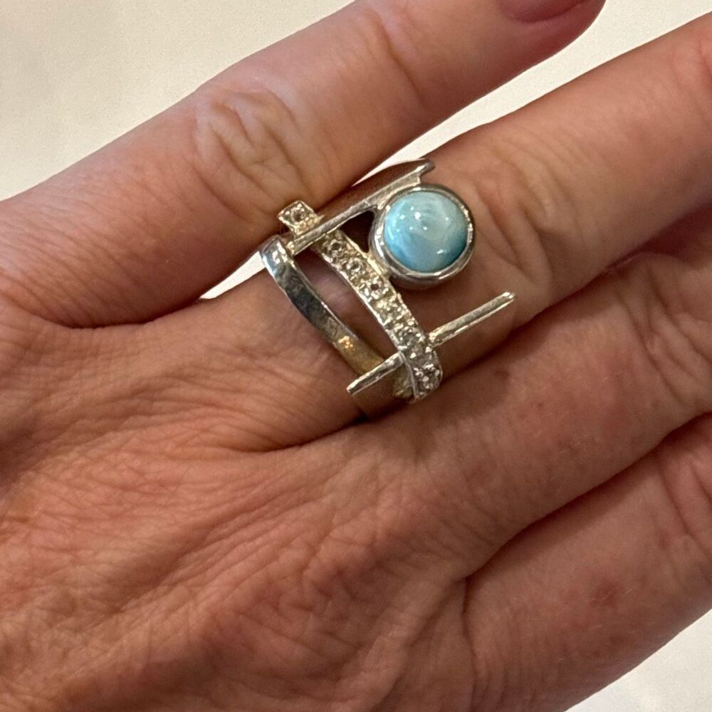 Marahlago Larimar Dante Sterling silver white topaz sculpture ring Sz 8 - Picture 9 of 12